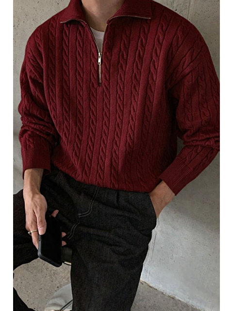Tarz Cool Erkek Bordo Yarım Fermuarlı Saç Örgü Triko Kazak - S000503010-19951