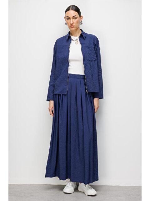 Mizalle Teknik Kumaş Fermuarlı Lacivert Ceket Gömlek - S000530553-21164