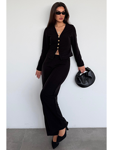 Madmext Siyah Düğmeli Yumuşak Dokunuşlu İkili Hırka Pantolon Takım Mg2651 - S000513653-19351