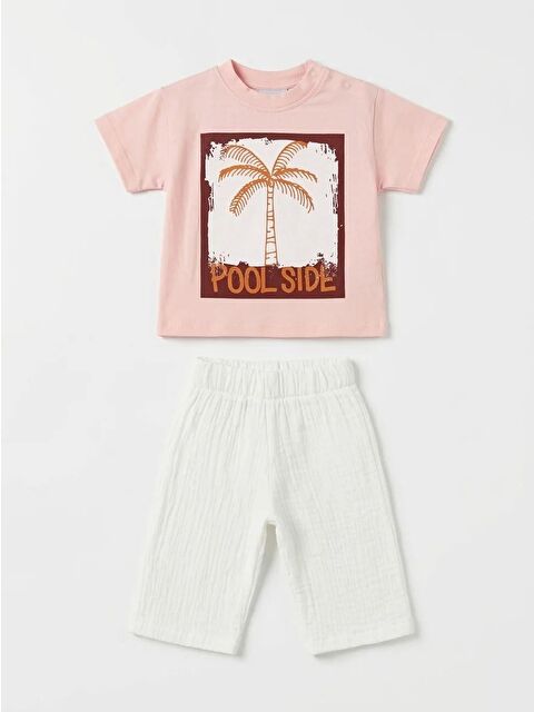 Magu Unisex Bebek Pamuklu Pudra Pool Side Baskılı Tişört Müslin Kapri Takım