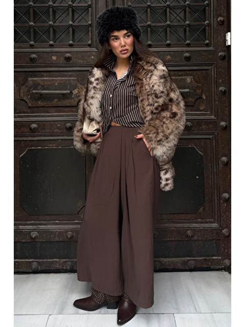 Madmext Kahverengi Rahat Kesim Pileli Cepli Kadın Etek Pantolon Mg2693 - S000513655-19413