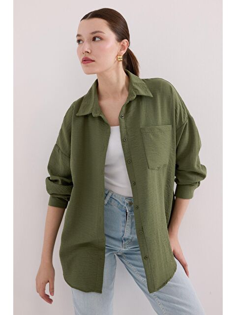 Bigdart 20153 Tek Cepli Oversize Keten Gömlek - Haki - S000085424-18547