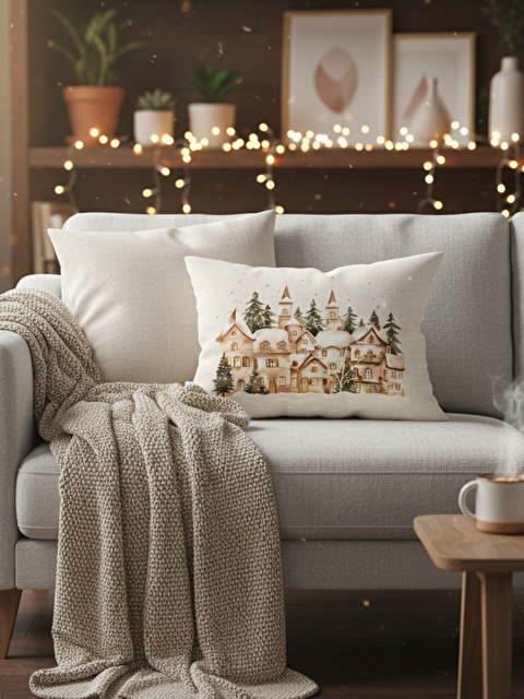 Evmila Modern Bohem Tasarım,Kış Temalı Sulu Boya Desenli 35x55 Dekoratif Kırlent Kılıfı - S000497166-37513