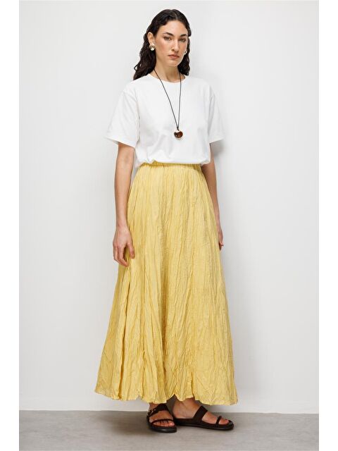 Mizalle Kırışık Görünümlü Saf Pamuk Sarı Maksi Etek - S000530555-20072