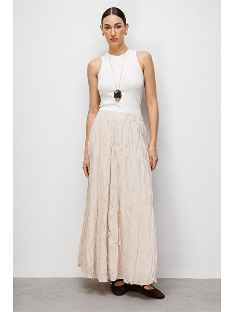 Mizalle Kırışık Görünümlü Saf Pamuk Bej Rengi Maksi Etek - S000530555-19928
