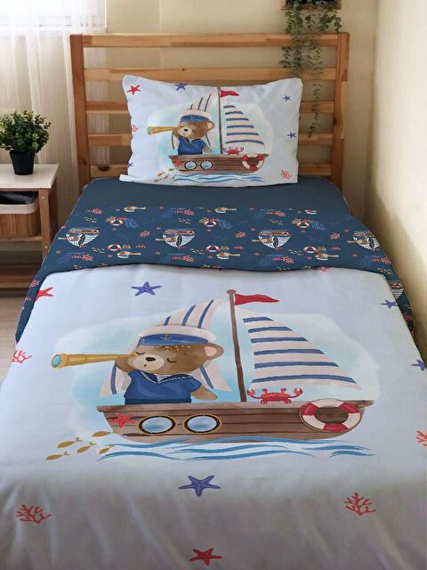 Evmila Kaptan Ayı Desenli Çarşafsız 2'li Takım Baskılı Tek Kişilik Nevresim Takımı Mavi 160x220 cm - S000117419-17234