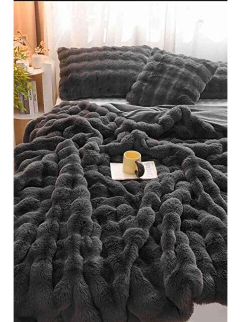 Çeyiz Diyarı Tomris Tavşan Tüyü Çift Kişilik Yatak Örtüsü 220x240 Cm Antrasit - S000497183-29666