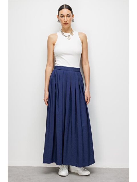 Mizalle İnce Piliseli Lacivert Maksi Yazlık Etek - S000530556-21164