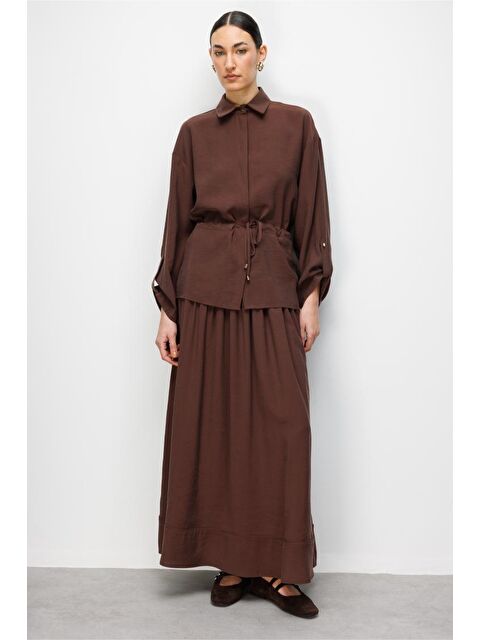 Mizalle Mizallle Kahverengi  Beli Büzgülü Viskoz Tunik - S000530558-19413
