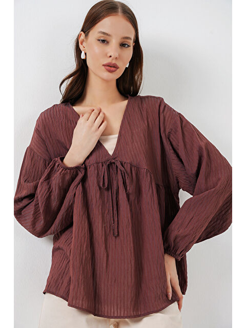 Bigdart Kadın Önü Bağcıklı Uzun Kol Bluz 946 - Kahverengi - S000389269-19413