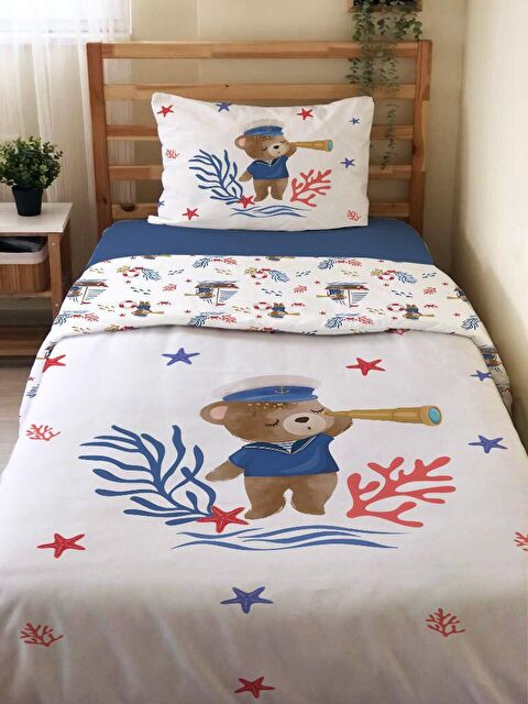 Evmila Gözcü Ayı Desenli Çarşafsız 2'li Takım Baskılı Tek Kişilik Nevresim Takımı Beyaz 160x220 cm - S000117421-20063