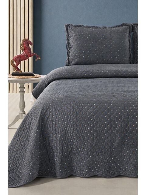 Çeyiz Diyarı Serelina Lüks Nakışlı Kadife Çift Kişilik Yatak Örtüsü Koyu Gri