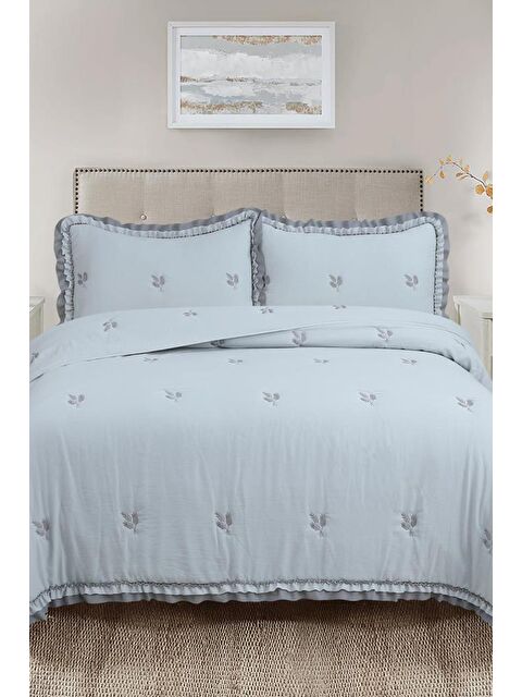 Çeyiz Diyarı Bigo Nakışlı Fırfırlı Çift Kişilik Yatak Örtüsü Gri