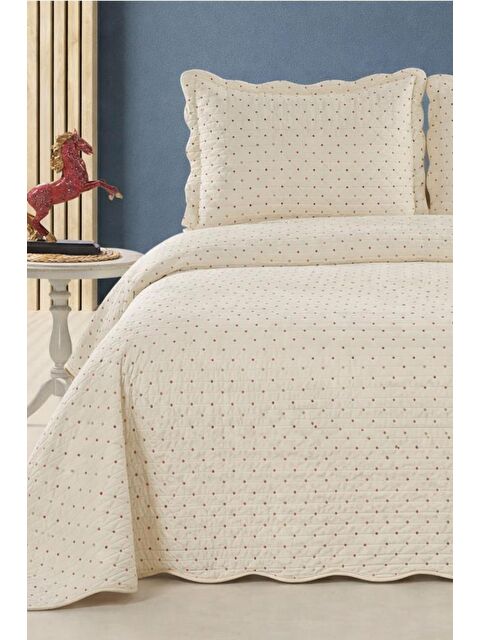 Çeyiz Diyarı Serelina Lüks Nakışlı Kadife Çift Kişilik Yatak Örtüsü Krem