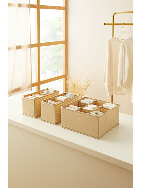 Ocean Home Textile 3'lü Bölmeli Bej Balıksırtı Çekmece İçi Düzenleyici Kutu Set - S000273412-19928