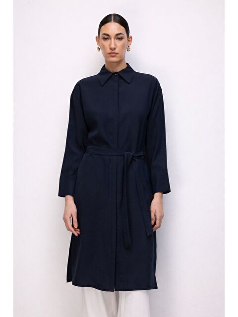 Mizalle Lyocell Karışımlı Uzun Lacivert Tunik - S000530560-21164