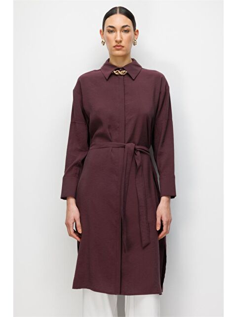 Mizalle Lyocell Karışımlı Uzun Mürdüm Rengi Tunik - S000530560-20036