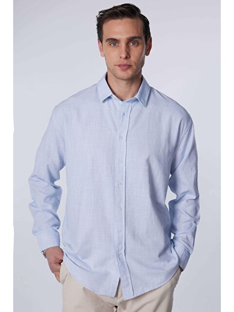 TUDORS Relax Fit Uzun Kollu Rahat Kesim Keten Doku Düz Yazlık Mavi Erkek Gömlek