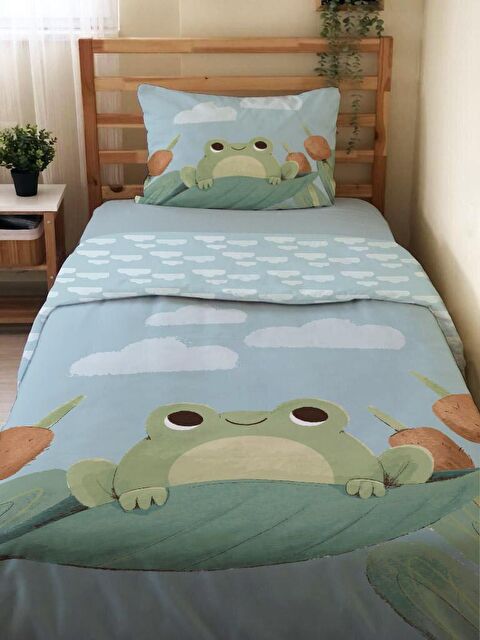 Evmila Kaplumbağa Desenli Çarşafsız 2'li Takım Baskılı Tek Kişilik Nevresim Takımı Mavi 160x220 cm - S000117423-17234