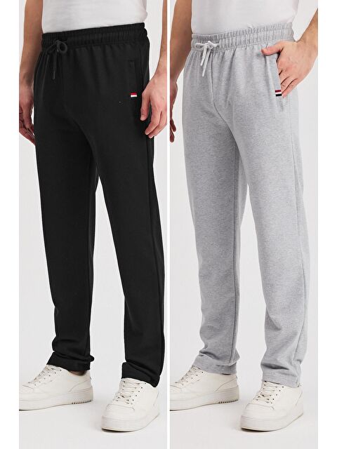 Mmetalic Siyah-Antrasit Erkek Fermuarlı Cepli Nakış Detaylı Düz Paça Rahat Kesim Günlük 2'li Eşofman Altı MTL - S000363299-37281