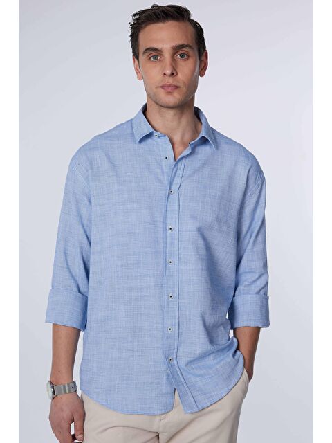 TUDORS Relax Fit Uzun Kollu Rahat Kesim Keten Doku Düz Yazlık Lacivert Erkek Gömlek