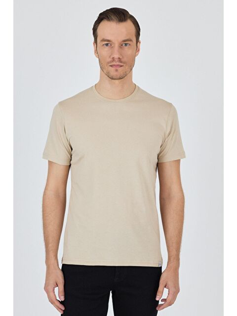 İMZA Bej Kısa Kol Bisiklet Yaka Cepsiz Pamuk Casual Slim Fit %100 Pamuk Tişört 1011250158 - S000387948-19928