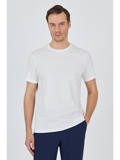 İMZA Açık Krem Kısa Kol Bisiklet Yaka Cepsiz Pamuk Casual Slim Fit %100 Pamuk Tişört 1011250158 - S000387948-3162