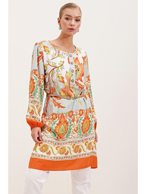 Bigdart 5902 Kemerli Desenli Elbise - Turuncu - S000141626-20013