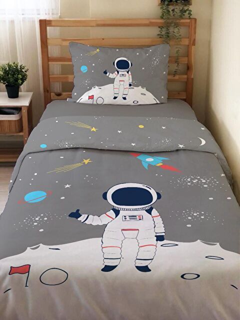 Evmila Astronot Desenli Çarşafsız 2'li Takım Baskılı Tek Kişilik Nevresim Takımı Gri 160x220 cm - S000117426-20600