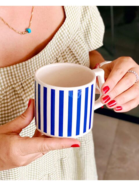 Bikutumutluluk Mavi Beyaz Çizgili Kupa Bardak Fincan - S000236870-23173