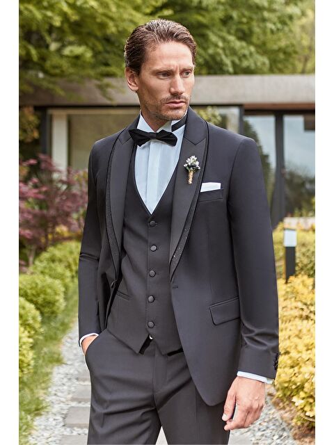 İMZA Çıkarılabilir Şal Yaka Yelekli 6 Drop Slim Fit Smokin Damatlık 1001240203 - S000349324-19351