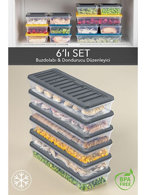 Meleni Home 6'lı Buzdolabı Organizer Mikrodalga Ve Difrize Uygun Saklama Kabı Antrasit 6 x 1170 ml - S000208716-29666