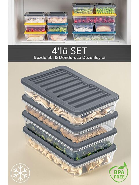 Meleni Home 4'lü Buzdolabı Organizer Mikrodalga Ve Difrize Uygun Saklama Kabı Antrasit 4 x 1200 ml - S000208718-29666