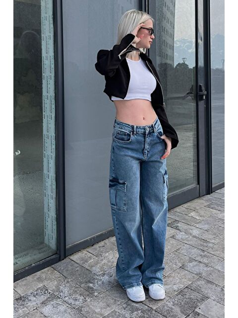 Madmext Mavi Straight Wide Kadın Kargo Cep Pantolon Mg2002 - S000142121-17234