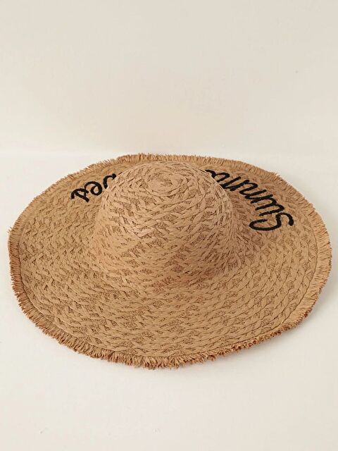 Luminos Butik Camel Nakışlı Geniş Hasır Şapka Saçaklı Plaj Ve Günlük Kullanımda Güneşten Koruma Sağlar HSR2112 - S000367528-4557