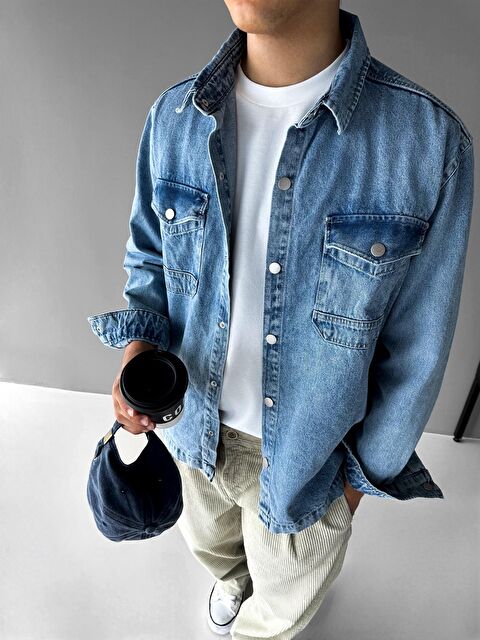 Abluka Online Erkek Önü Cepli Premium Denim Gömlek Lacivert - S000295178-21164