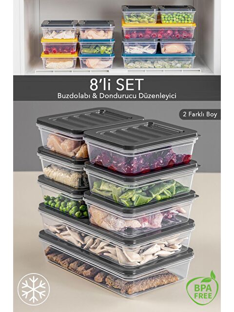 Meleni Home 8'li Buzdolabı Organizer Mikrodalga Ve Difrize Uygun Saklama Kabı 2 x 1200 ml - 6 x 600 ml - S000208720-29666