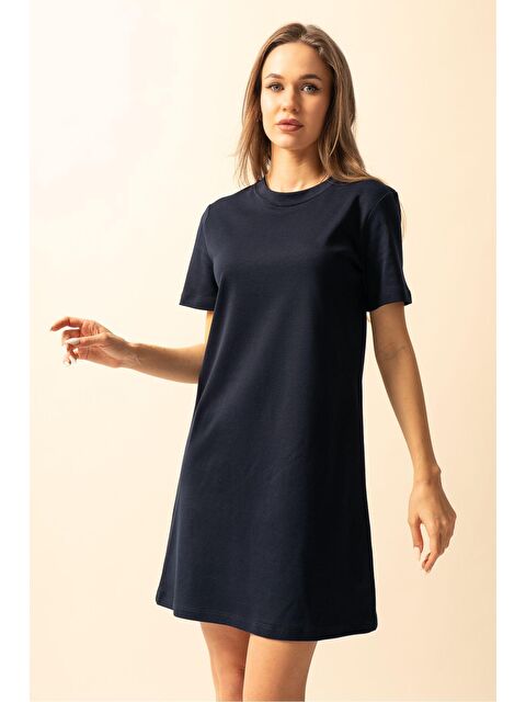 Trendseninle Kadın Lacivert Bisiklet Yaka Kısa Kollu Basic Elbise - S000175833-21164