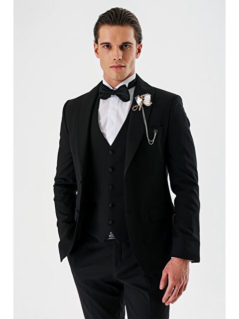 İMZA Çıkarılabilir Şal Yaka Yelekli 6 Drop Slim Fit Smokin Damatlık 1001240202 - S000349328-19351