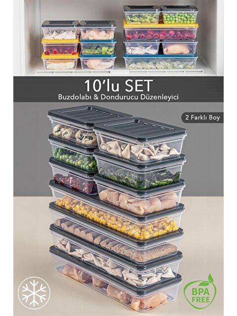Meleni Home 10'lu Buzdolabı Organizer Mikrodalga Ve Difrize Uygun Saklama Kabı Antrasit 4 x 1170 ml - 6 x 600 ml - S000208723-29666