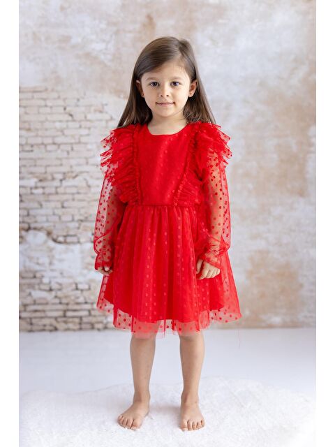 MİNİNİO Kız Bebek Puantiyeli Tül Elbise - Kırmızı - S000314669-20045