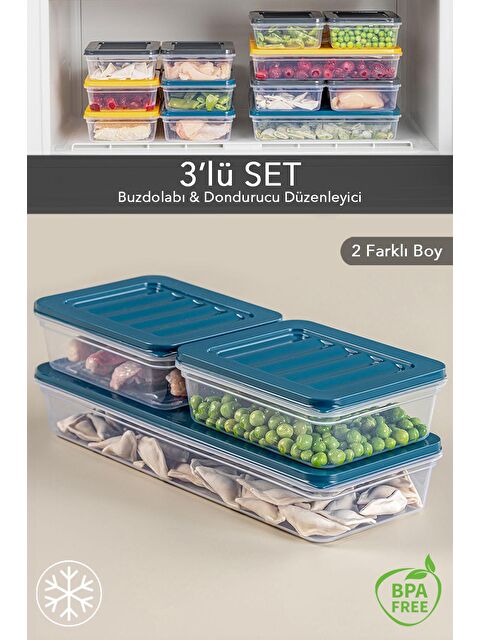 Meleni Home 3'lü Buzdolabı Organizer Mikrodalga Ve Difrize Uygun Saklama Kabı Petrol 1 x 1170 ml - 2 x 600 ml - S000208726-20019