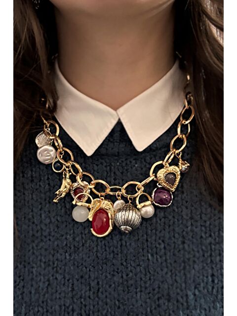 New Obsessions 3 Boyutlu Charmlarla Süslü Antik Altın Sarı Renkli Çoklu Charm Kolye - S000321156-20076