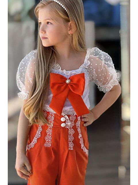 Riccotarz Kız Çocuk Kare Yaka Transparan Detaylı Turuncu Şortlu Takım - S000136412-20013