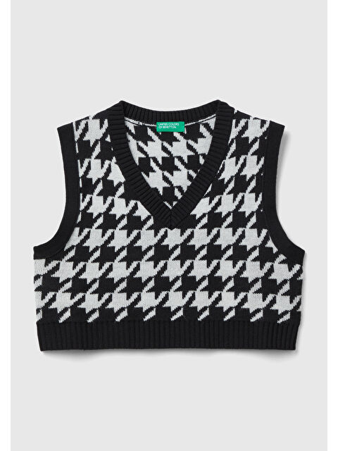 United Colors Of Benetton Kız Çocuk Siyah Tamamı Desenli V Yaka Crop Süveter - S000298054-19351