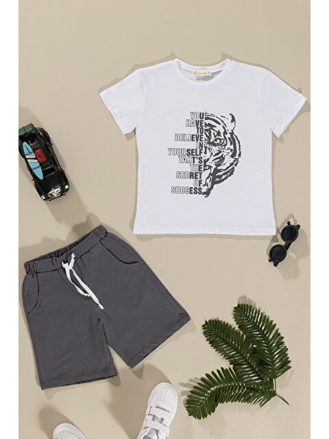 For You Kids Kaplan Baskılı Beyaz Tshirt Şort Takım - S000199882-20063