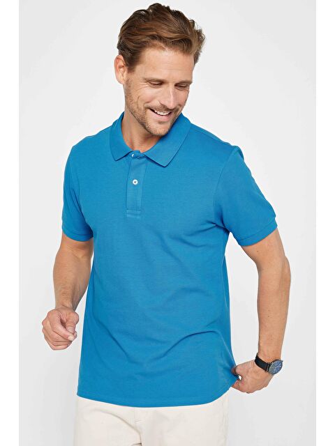 TUDORS Erkek Slim Fit Dar Kesim %100 Pamuk Düz Pike Mavi Polo Yaka Tişört