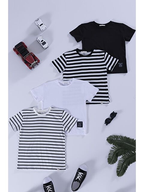 For You Kids 4'lü  Etiket Detaylı Cizgili Siyah Beyaz Tshirt - S000225356-37424