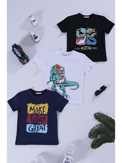 For You Kids 3'lü Dinozor Baskılı Siyah Lacivert Beyaz Tshirt - S000225359-19351