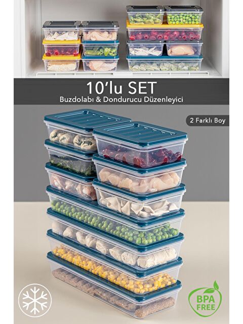 Meleni Home 10'lu Buzdolabı Organizer Mikrodalga Ve Difrize Uygun Saklama Kabı Petrol 4 x 1170 ml - 6 x 600 ml - S000208728-20019